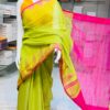 Pure handloom cotton saree with temple border – Yellow-Green body and Pink border.