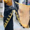 Pure handloom cotton saree with temple border – Black body and Golden border.