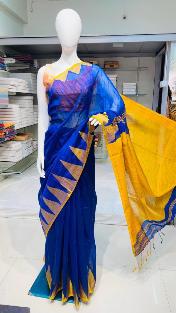 Pure handloom cotton saree with temple border – Blue body and Yellow border.