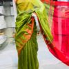 Pure handloom cotton saree with temple border – Green body and Red border.