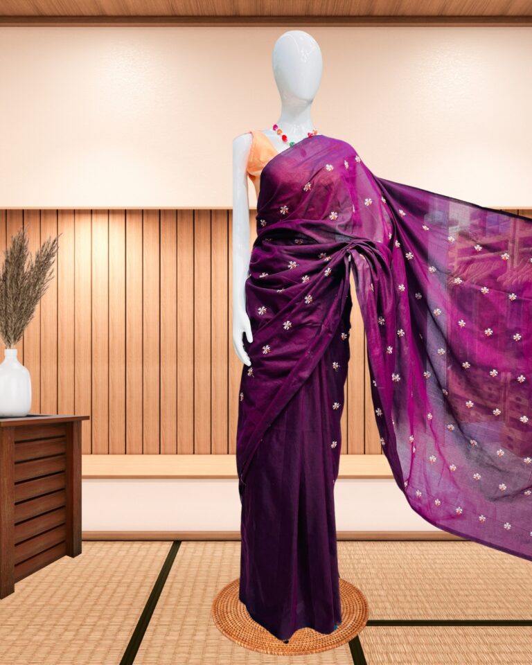 Cotton Saree with Embroidery Work-Dark Purple