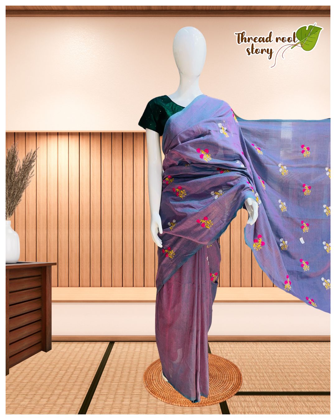 Cotton Saree with Colorful Floral Embroidery