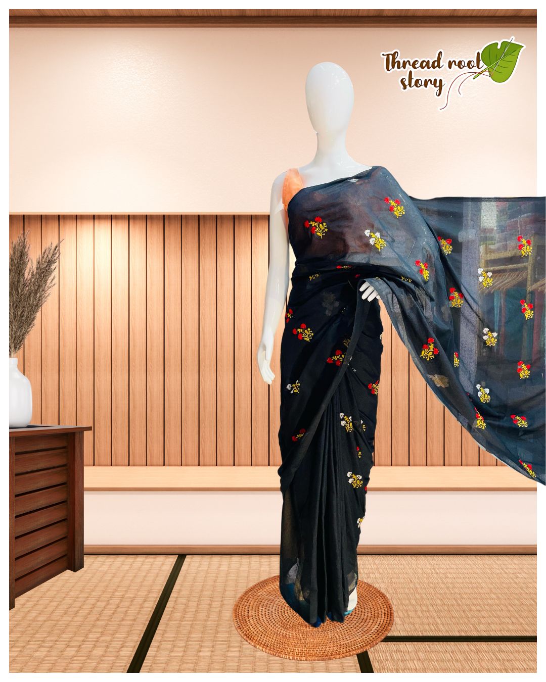Cotton Saree with Embroidery Work – Black