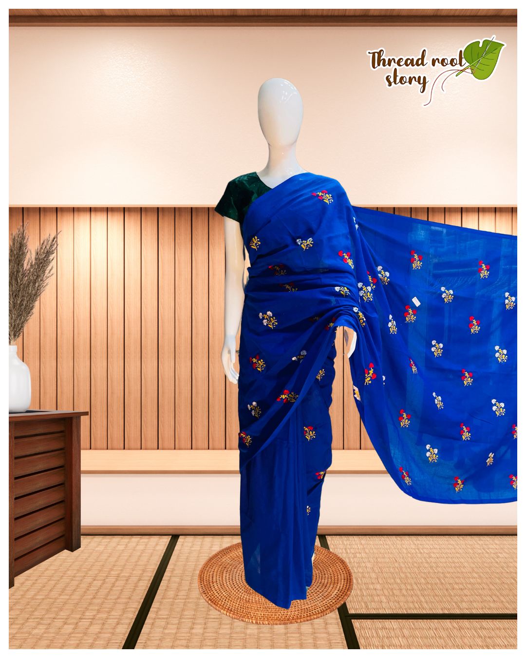 Cotton Saree with Embroidery Work – Blue