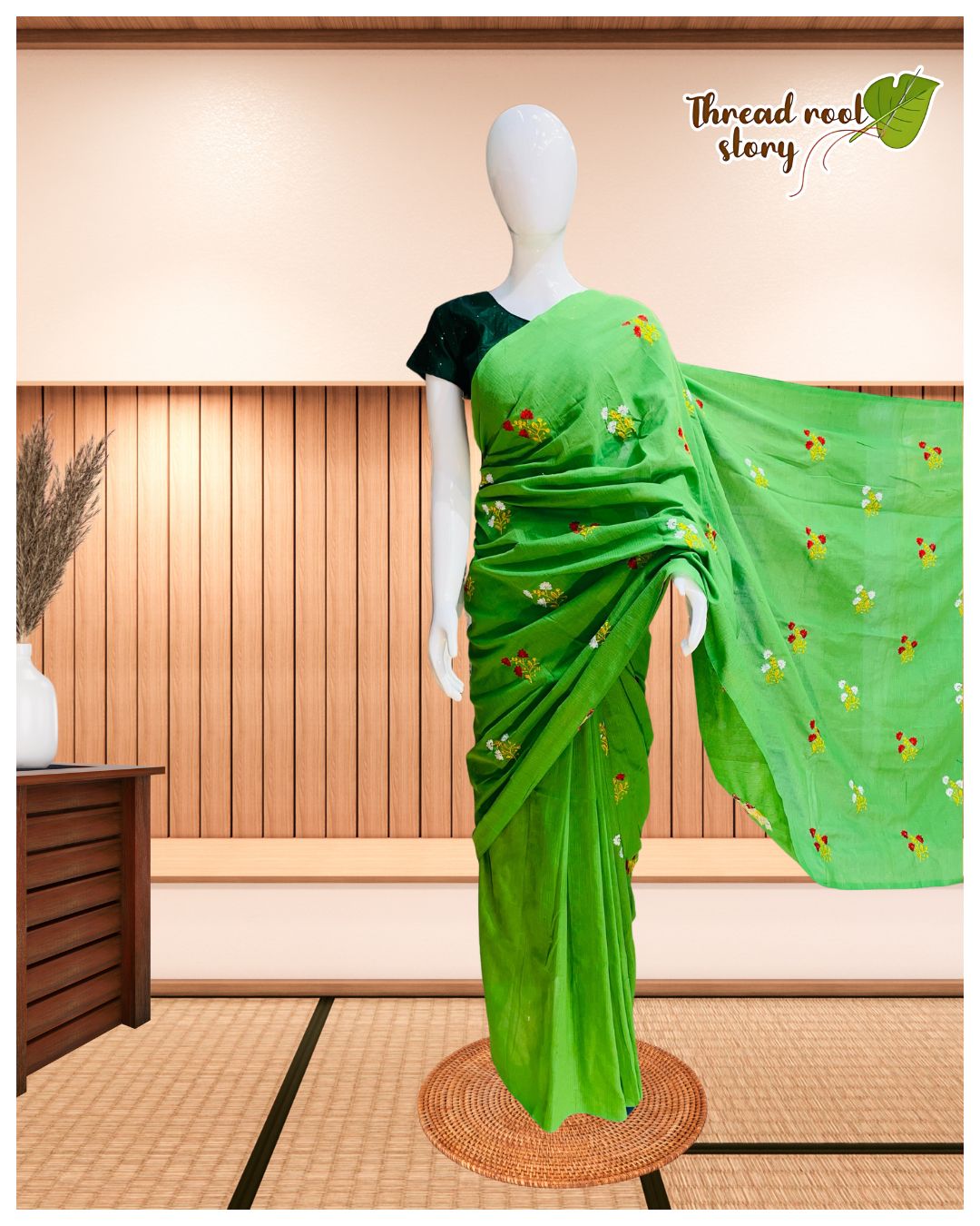 Cotton Saree with Embroidery Work – Green