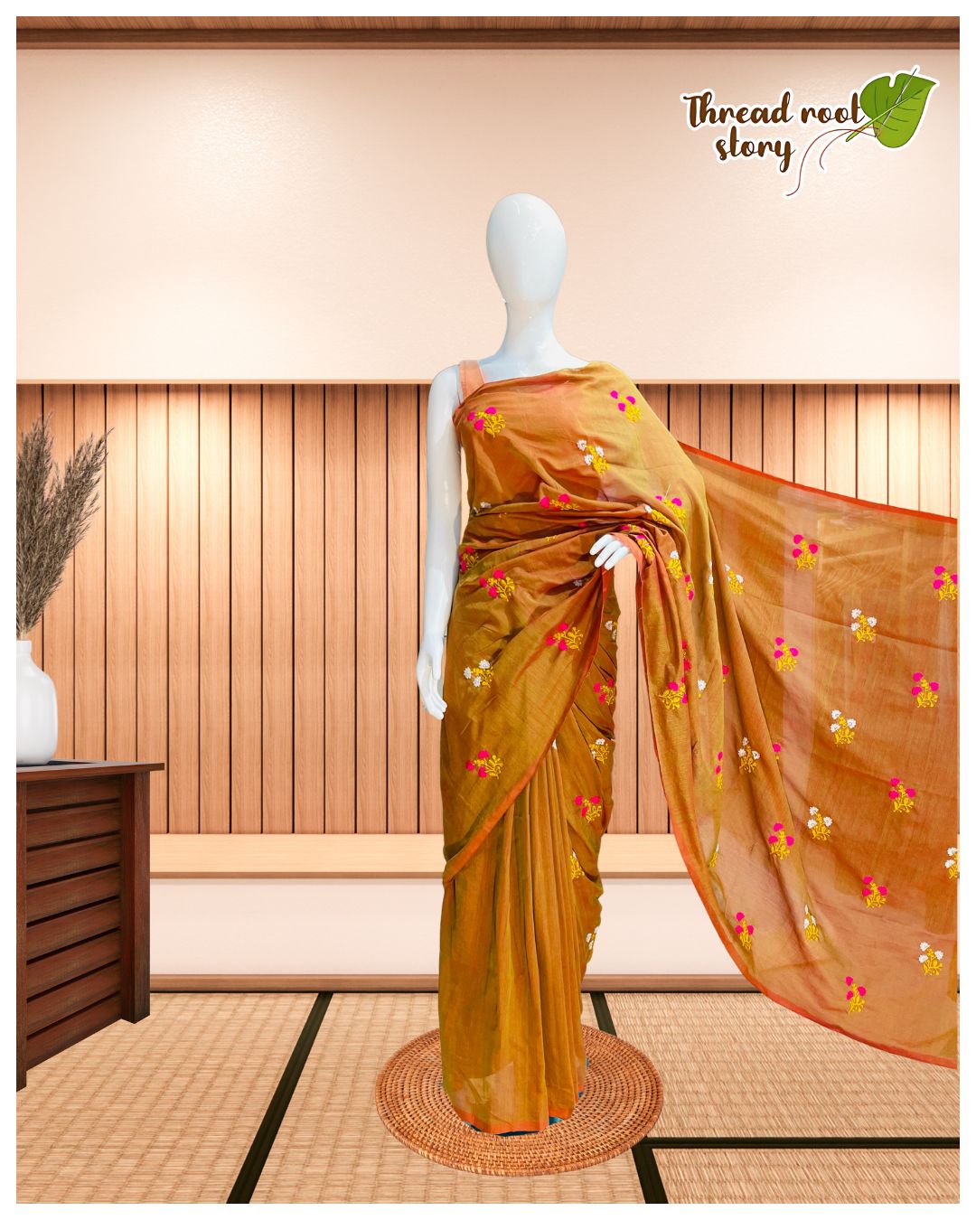Cotton Saree with Embroidery Work – Mustard