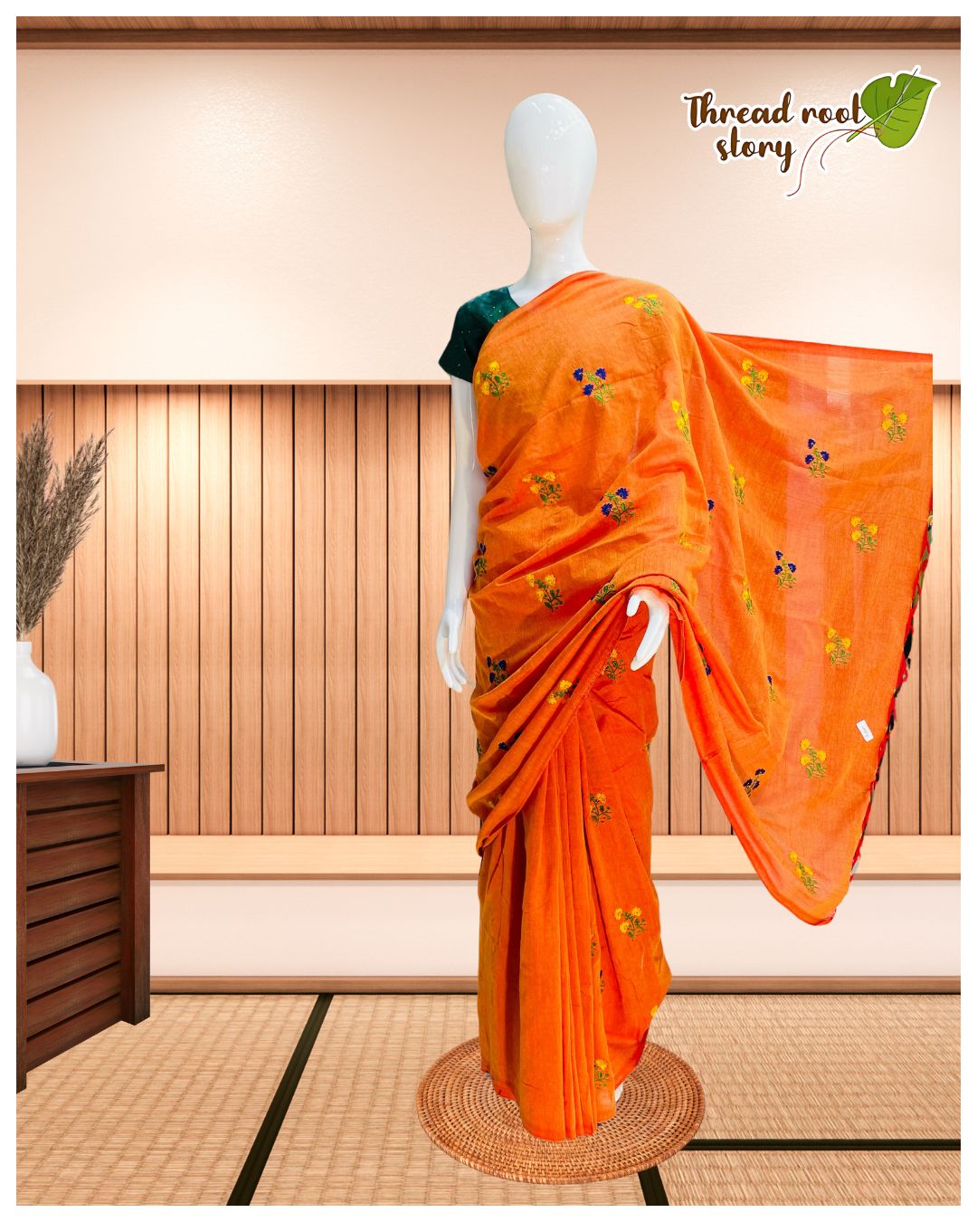 Cotton Saree with Embroidery Work – Orange