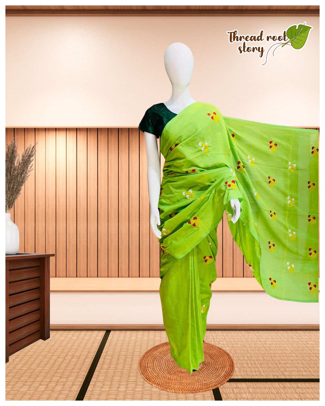Cotton Saree with Embroidery Work – Parrot Green