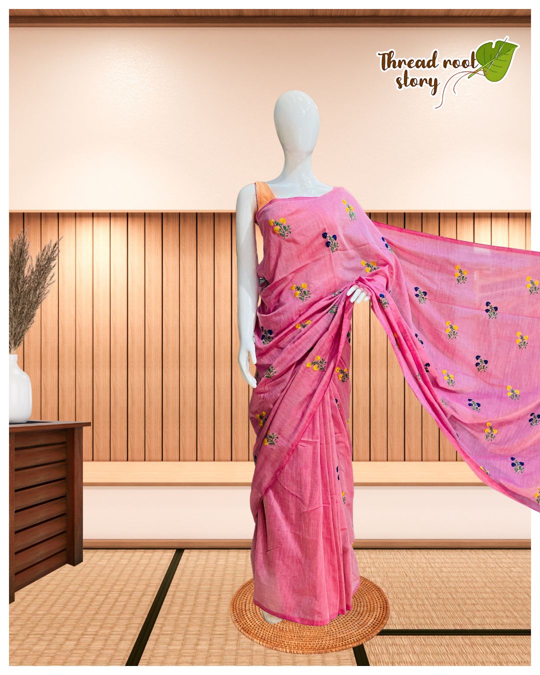 Cotton Saree with Embroidery Work – Pastel Pink