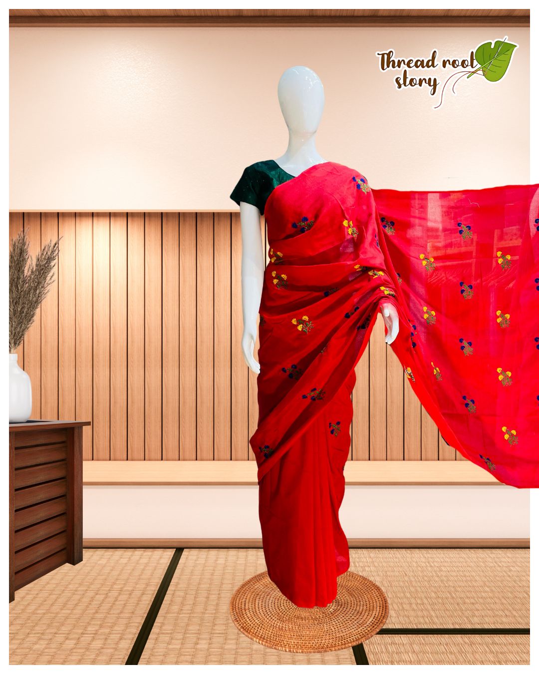 Cotton Saree with Embroidery Work – Red