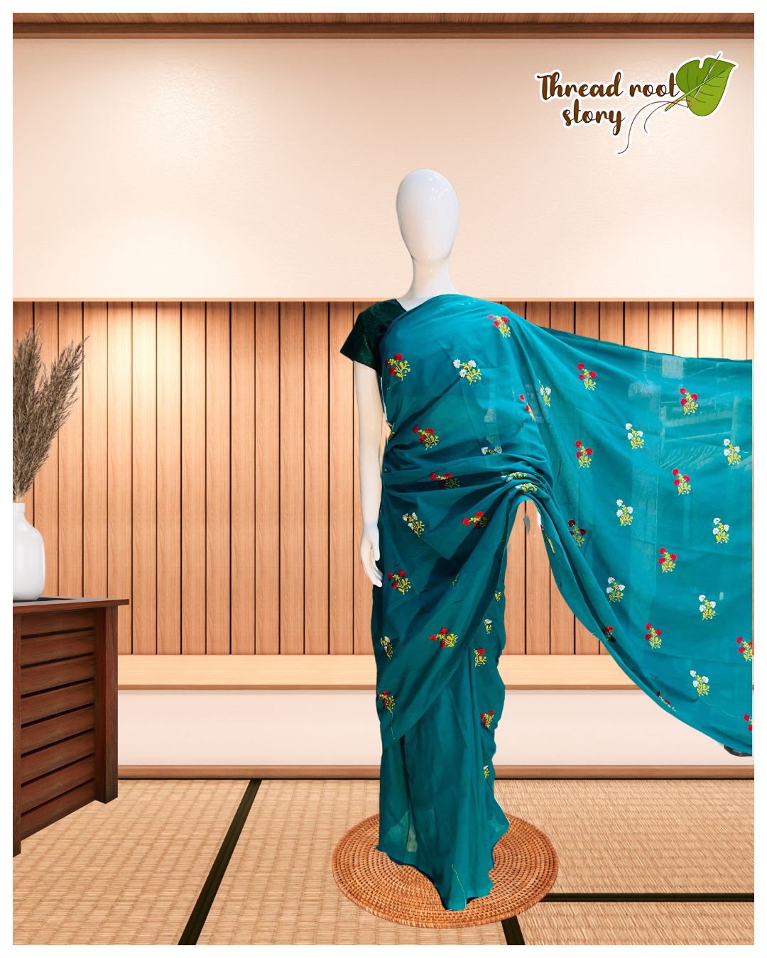 Cotton Saree with Embroidery Work – Turquoise
