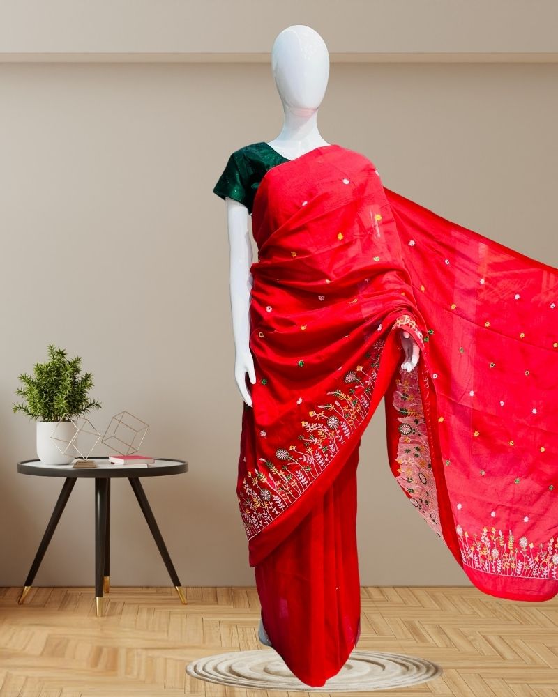 Cotton Sarees with Embroidery Work -Red