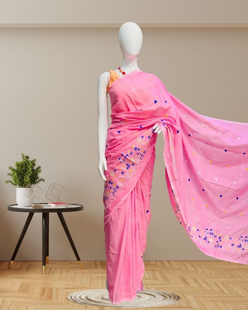 Cotton Sarees with Embroidery Work -baby pink