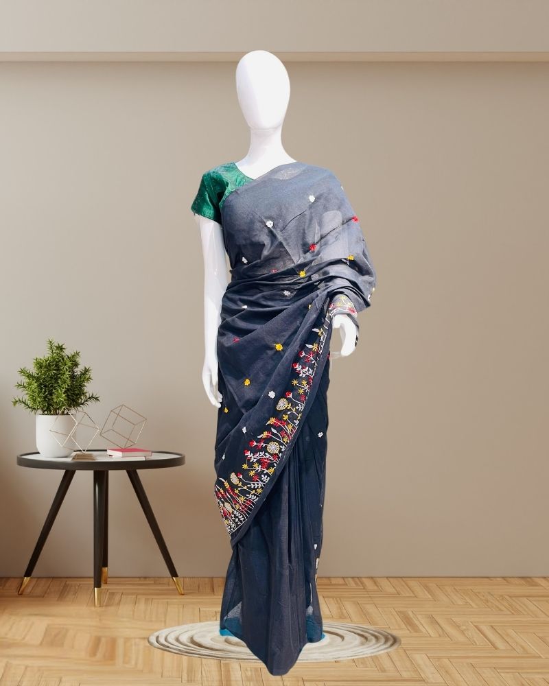 Cotton Sarees with Embroidery Work -black