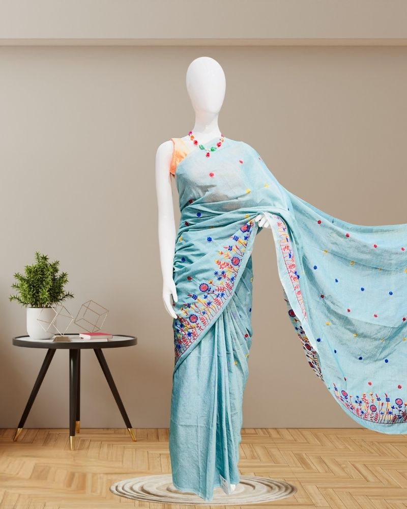 Cotton Sarees with Embroidery Work -blue