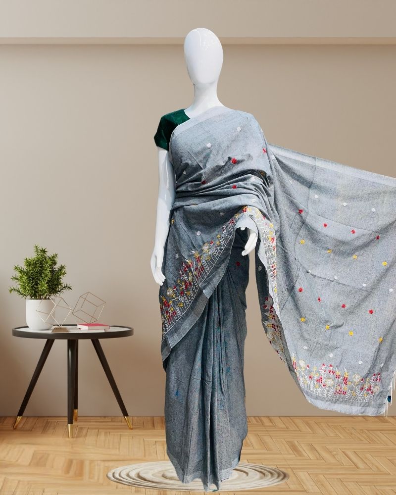 Cotton Sarees with Embroidery Work -Gray