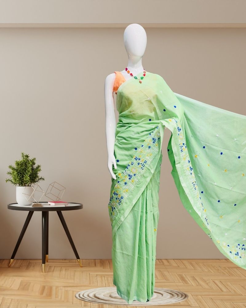 Cotton Sarees with Embroidery Work -green