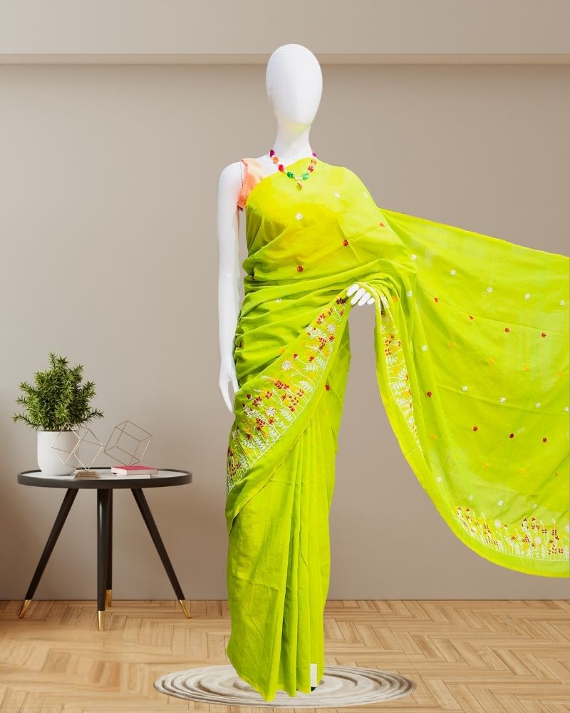 Cotton Sarees with Embroidery Work -lemon green