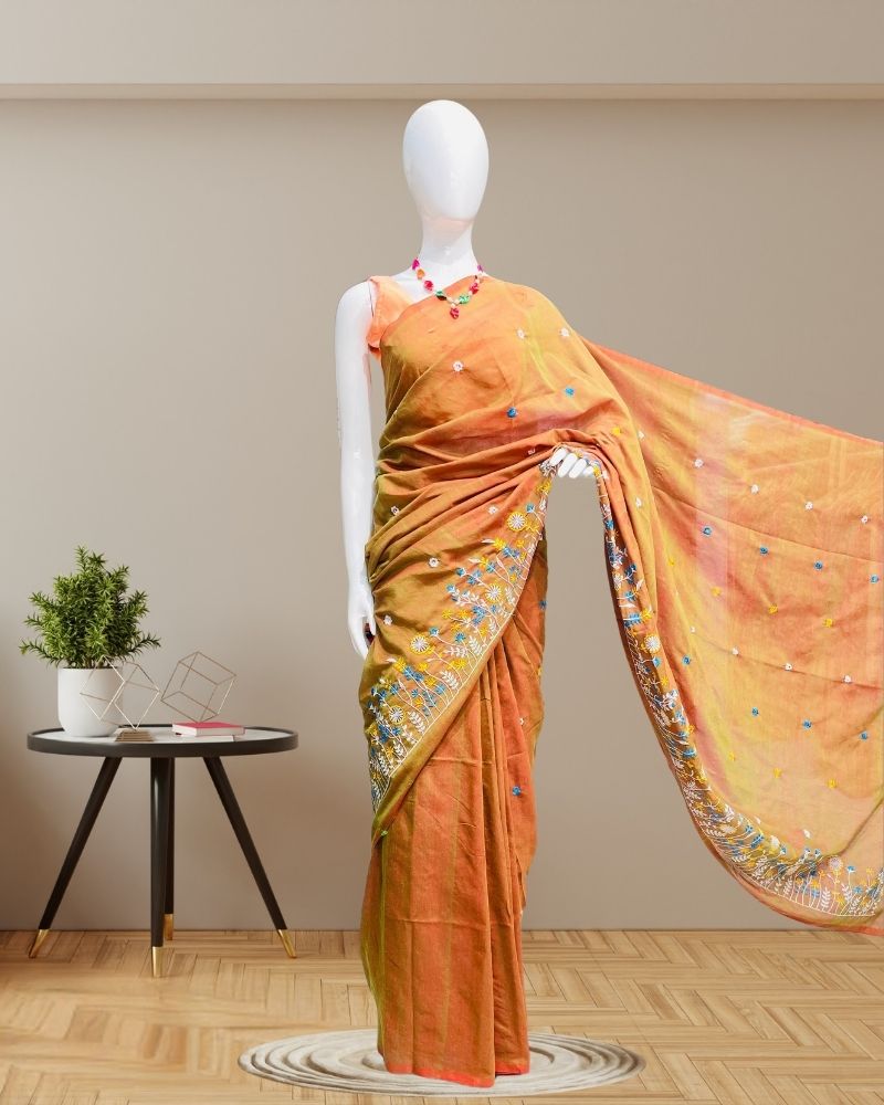 Cotton Sarees with Embroidery Work -light orange