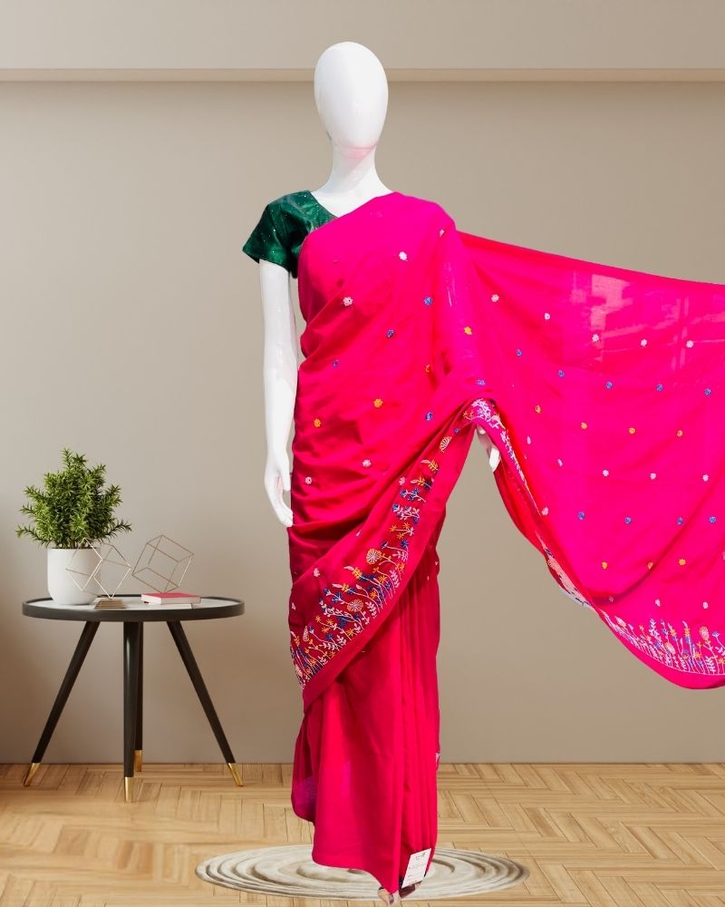 Cotton Sarees with Embroidery Work -neon pink