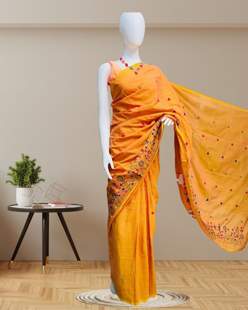 Cotton Sarees with Embroidery Work -Orange