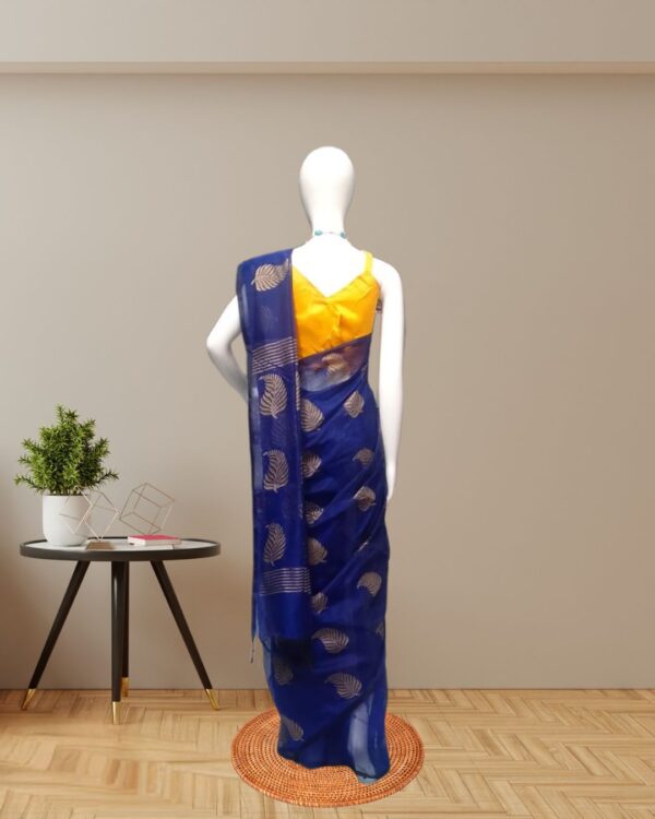Elegant Blue Cotton Silk Saree with Golden Motifs back