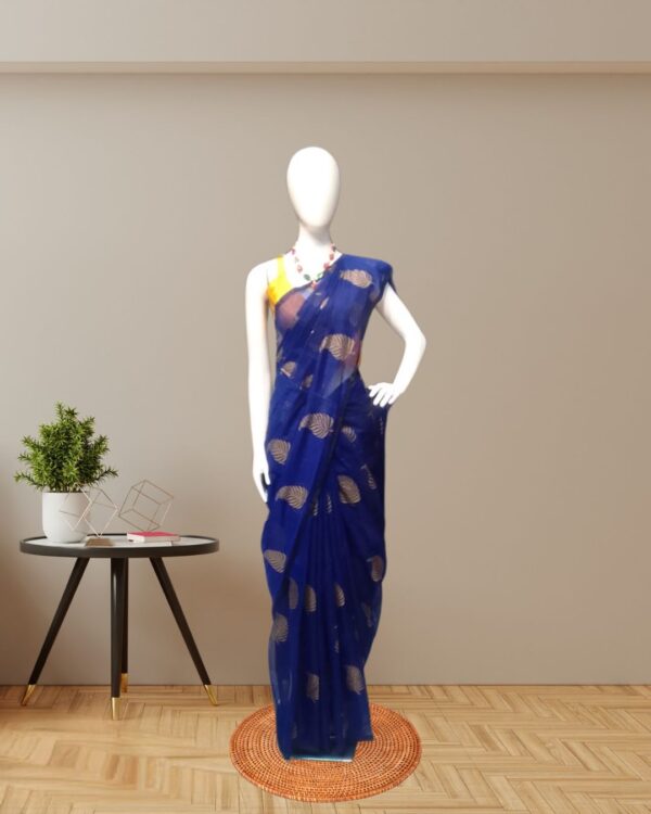 Elegant Blue Cotton Silk Saree with Golden Motifs front