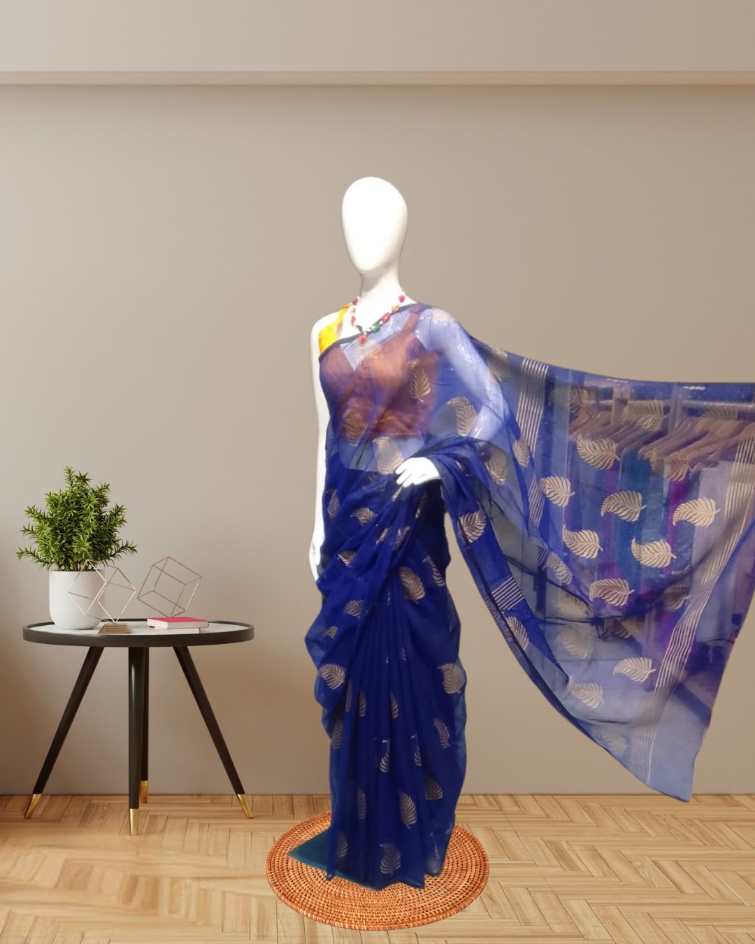 Elegant Blue Cotton Silk Saree with Golden Motifs pallu