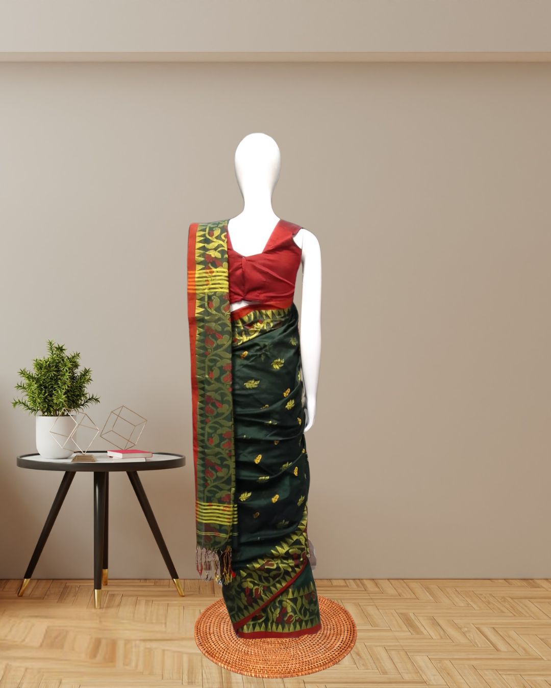 Exquisite Dark Green Handloom Mino Saree with Red & Gold Weave back