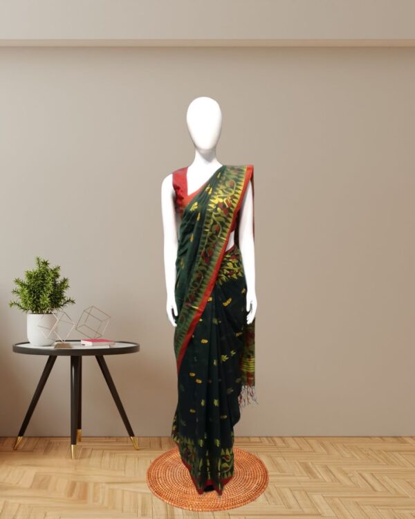 Exquisite Dark Green Handloom Mino Saree with Red & Gold Weave front