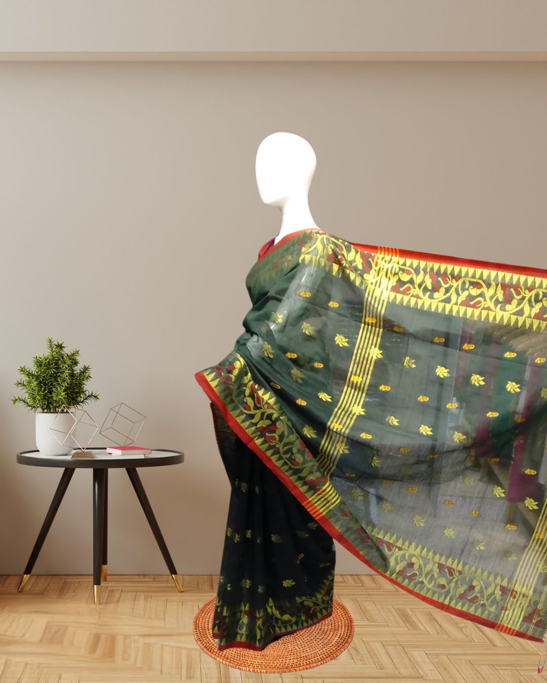 Exquisite Dark Green Handloom Mino Saree with Red & Gold Weave pallu