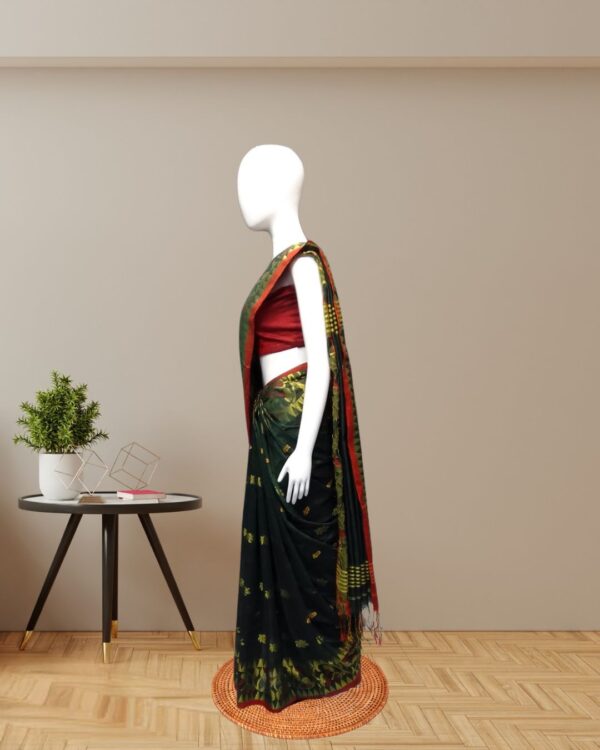 Exquisite Dark Green Handloom Mino Saree with Red & Gold Weave side
