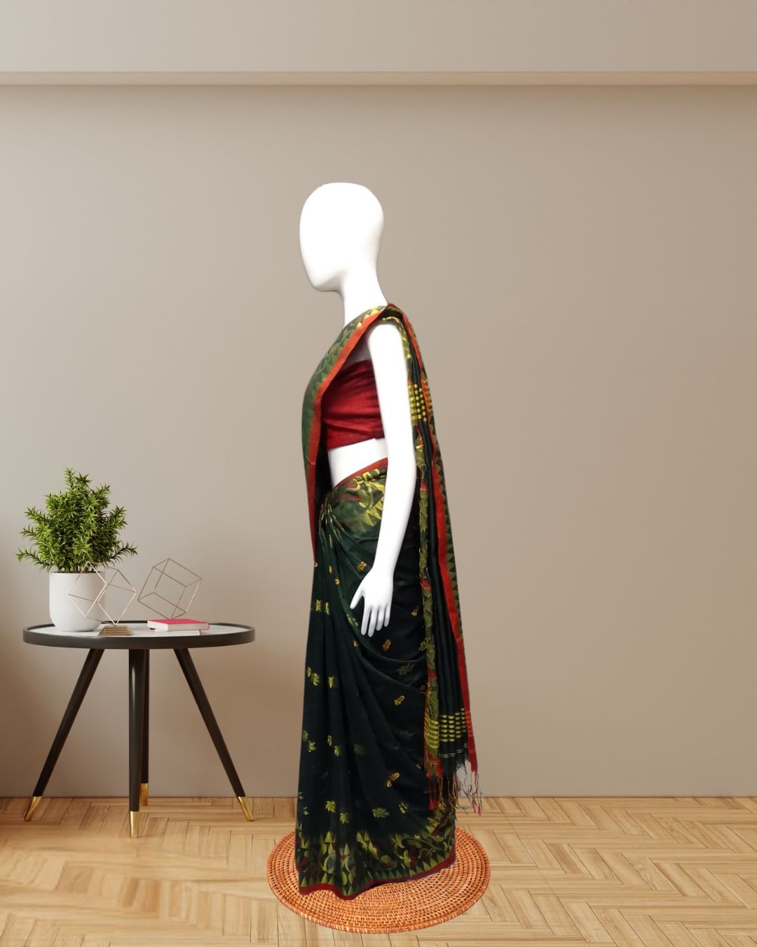 Exquisite Dark Green Handloom Mino Saree with Red & Gold Weave