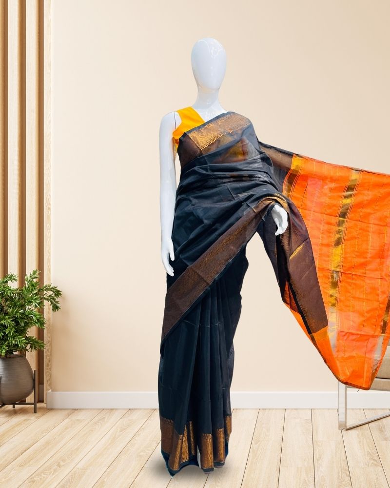 Handloom-Cotton-Saree-Black-with-Orange-Pallu
