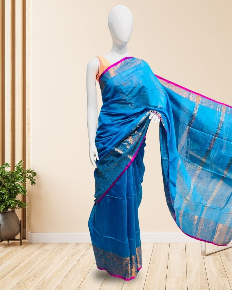 Handloom-Cotton-Saree-Blue-with-Copper-Border