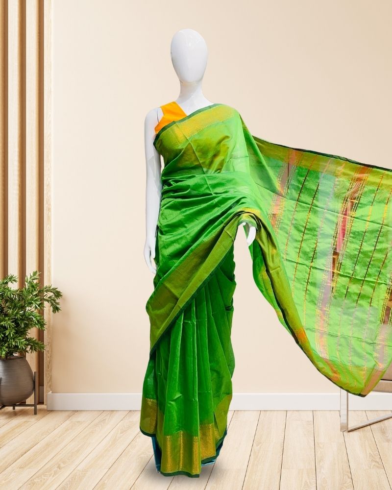 Handloom-Cotton-Saree-Green-with-Yellow-Border.