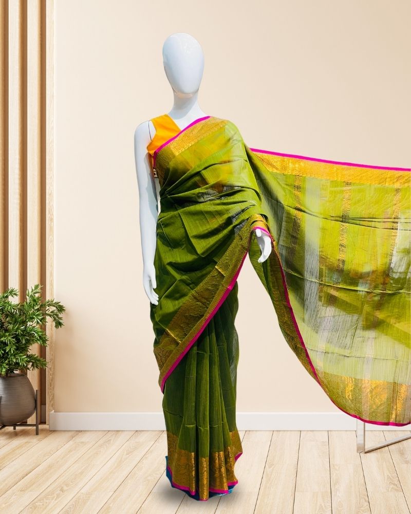 Handloom-Cotton-Saree-Green-with-Yellowgold-Border