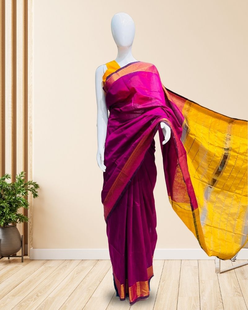 Handloom-Cotton-Saree-Pink-with-Yellow-Pallu