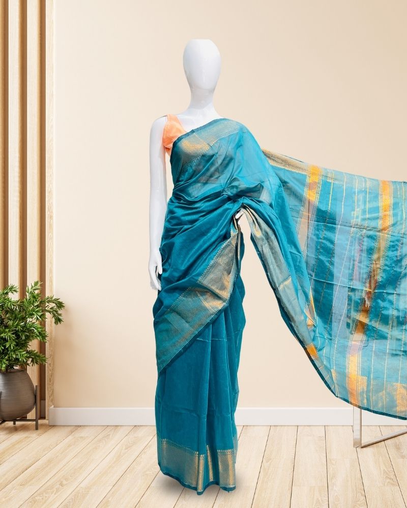 Handloom-Cotton-Saree-Skyblue-with-Golden-Border