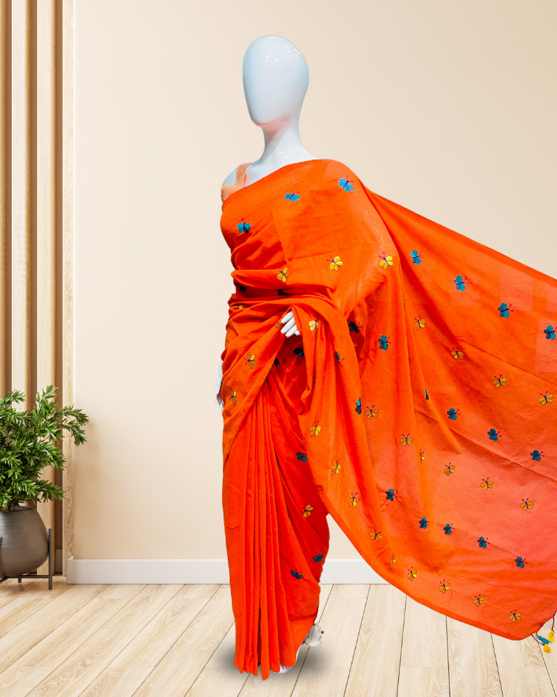 Handloom-Cotton-Saree-with-Buterfly-Embroidery-Orange