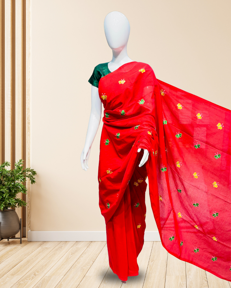 Handloom-Cotton-Saree-with-Buterfly-Embroidery-Red
