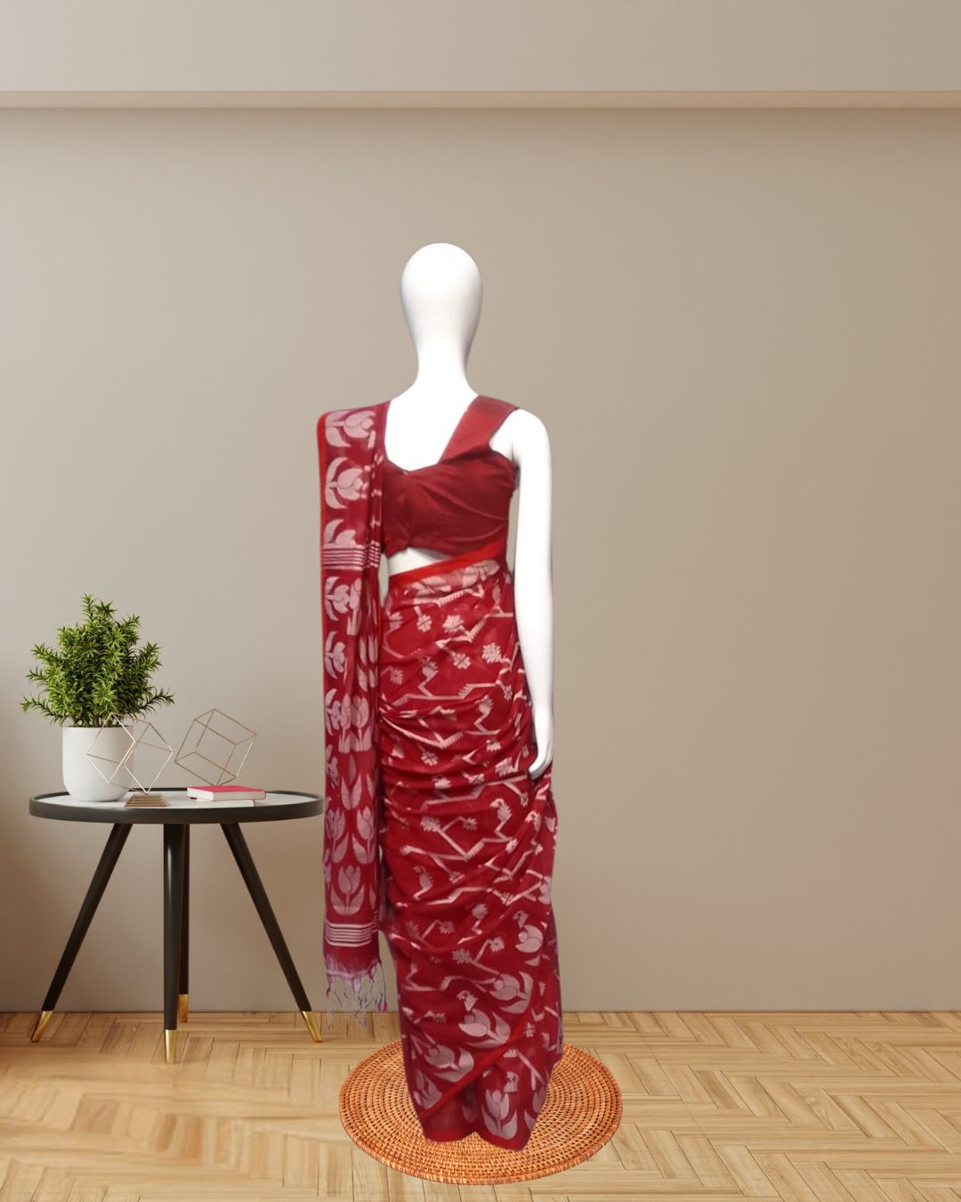 Red Cotton Muslin Saree with White Woven Motifs back