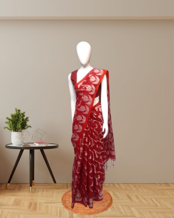 Red Cotton Muslin Saree with White Woven Motifs front