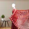Red Cotton Muslin Saree with White Woven Motifs pallu