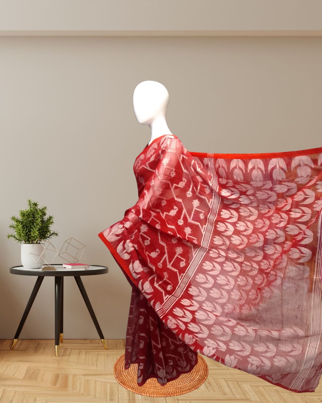 Red Cotton Muslin Saree with White Woven Motifs pallu