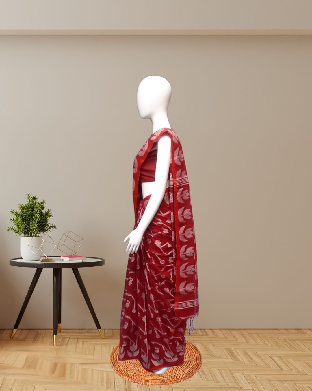 Elegant Red Cotton Muslin Saree with White Woven Motifs and Subtle Border