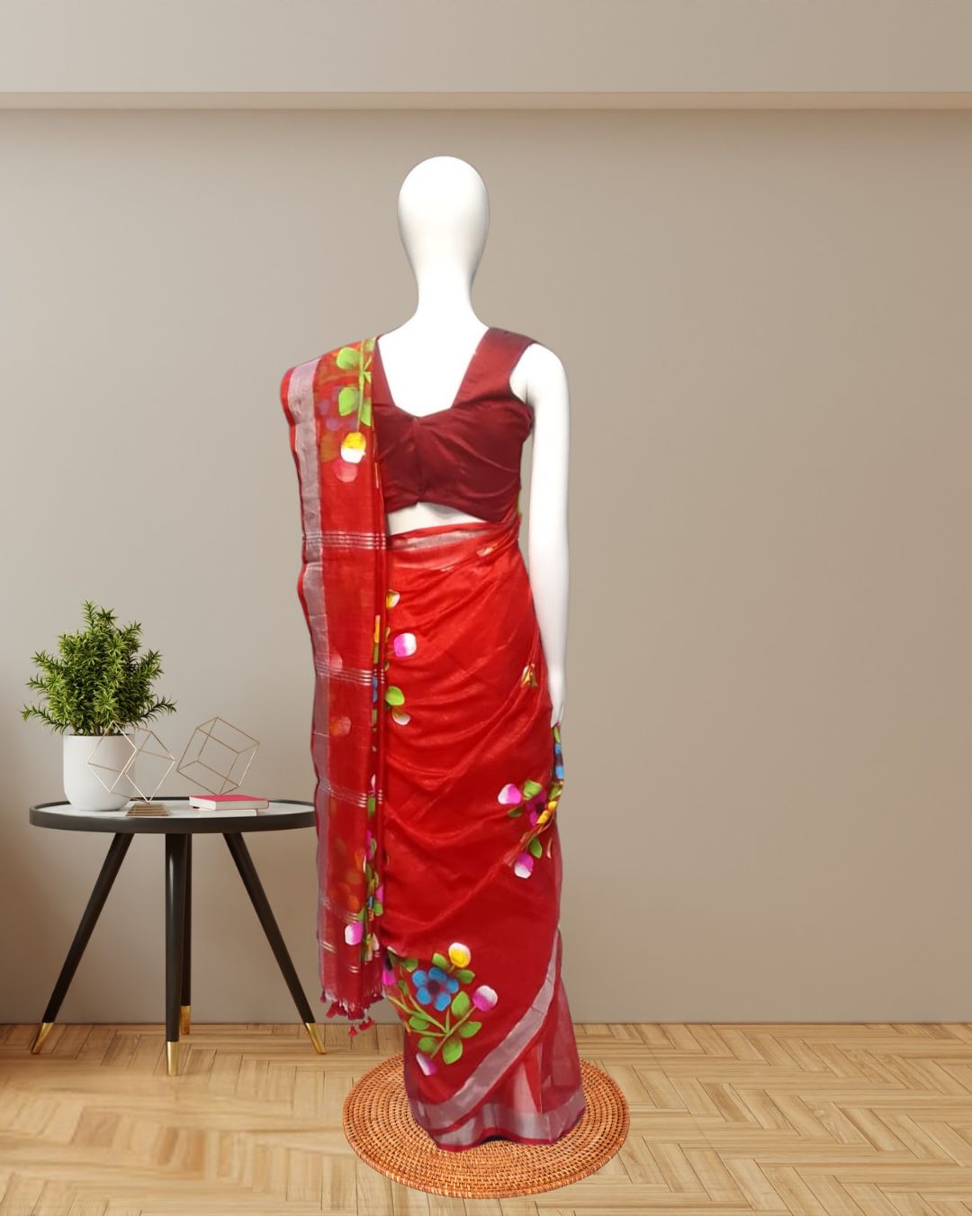 Red-Hand-Painted-Linen-Saree-Back