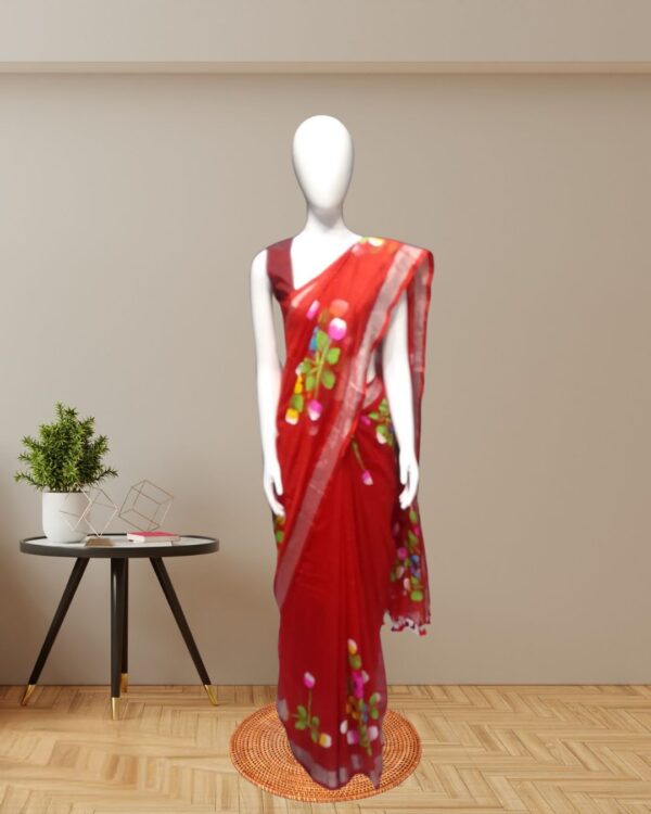 Red-Hand-Painted-Linen-Saree-Front