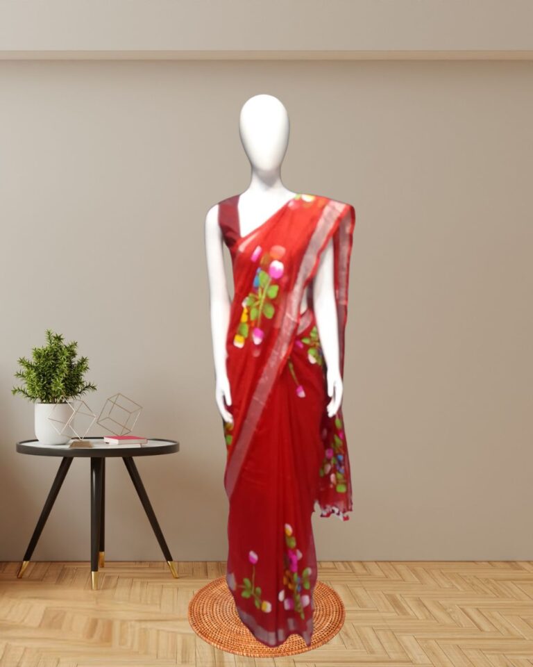 Red-Hand-Painted-Linen-Saree-Front