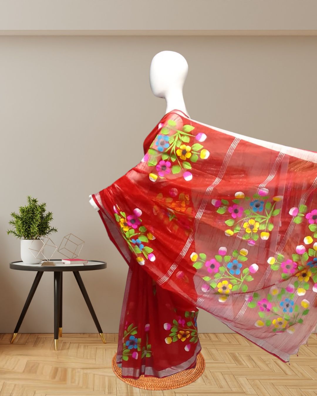 Red-Hand-Painted-Linen-Saree-Pallu